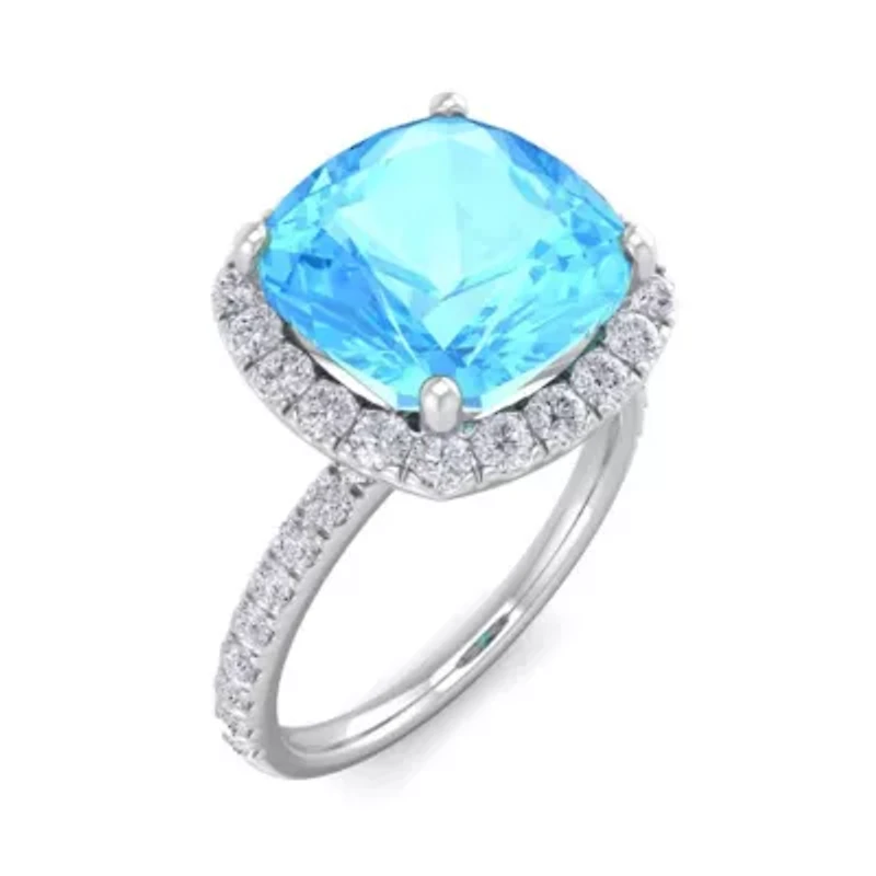 5 1/2 ct. t.w. Cushion Cut Blue Topaz and Double Halo Diamond Ring Sterling Silver