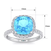 5 1/2 ct. t.w. Cushion Cut Blue Topaz and Double Halo Diamond Ring Sterling Silver