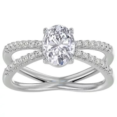 Lab Created /2 ct. t.w. Oval Shape Moissanite and Halo Diamond Ring Sterling Silver