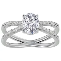 Lab Created /2 ct. t.w. Oval Shape Moissanite and Halo Diamond Ring Sterling Silver