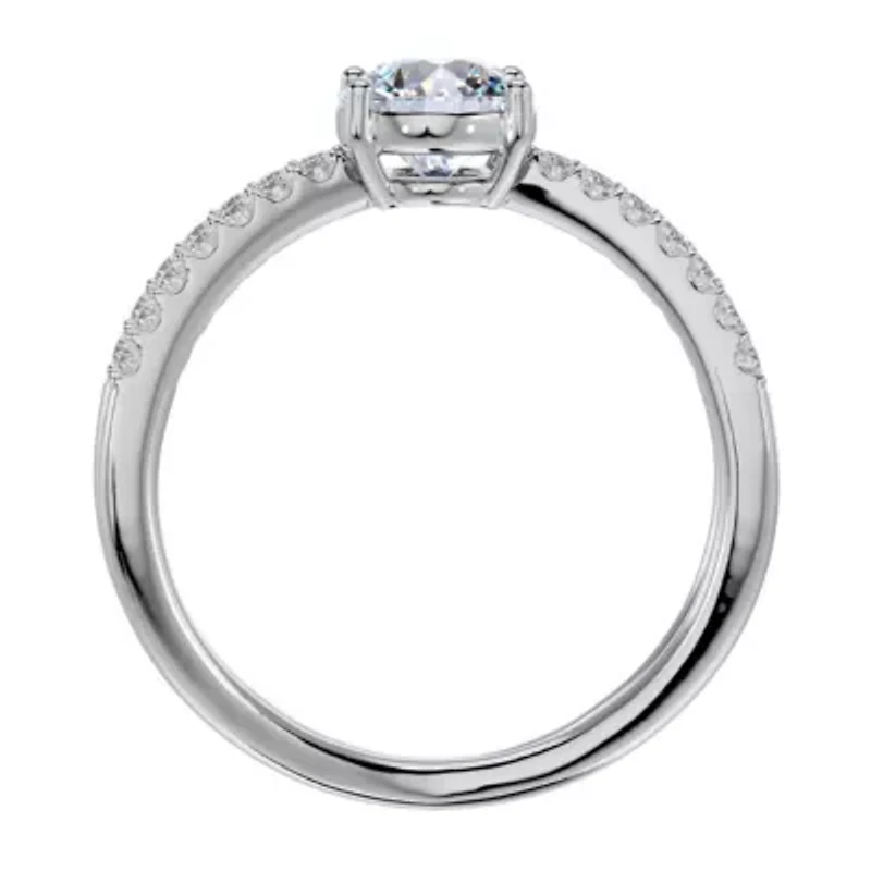 Lab Created /2 ct. t.w. Oval Shape Moissanite and Halo Diamond Ring Sterling Silver
