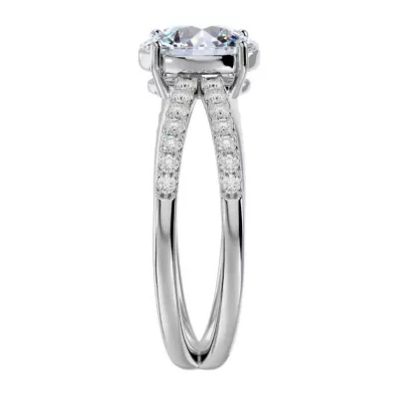 Lab Created /2 ct. t.w. Oval Shape Moissanite and Halo Diamond Ring Sterling Silver
