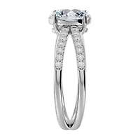 Lab Created /2 ct. t.w. Oval Shape Moissanite and Halo Diamond Ring Sterling Silver