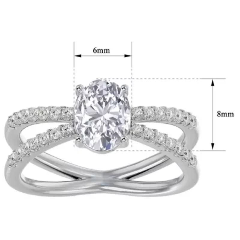 Lab Created /2 ct. t.w. Oval Shape Moissanite and Halo Diamond Ring Sterling Silver