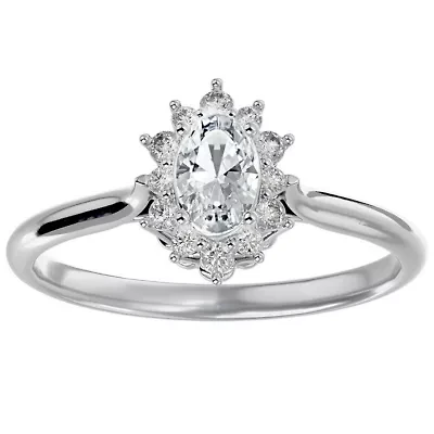 Lab Created /2 ct. t.w. Oval Shape Moissanite and Halo Diamond Ring Sterling Silver