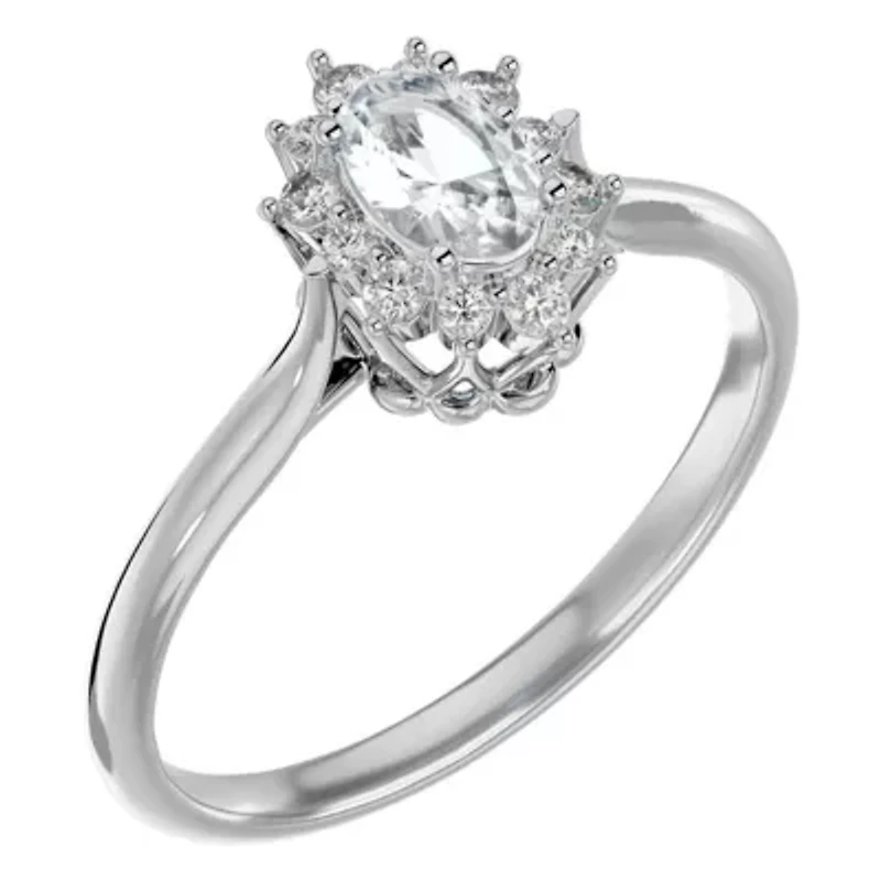 Lab Created 2/3 ct. t.w. Oval Shape Moissanite and Halo Diamond Ring Sterling Silver