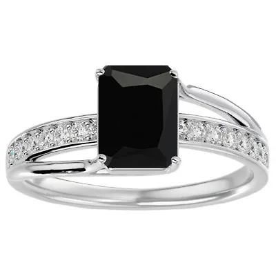 1 3/4 Carat Emerald Shape Black Onyx and Diamond Ring In Sterling Silver