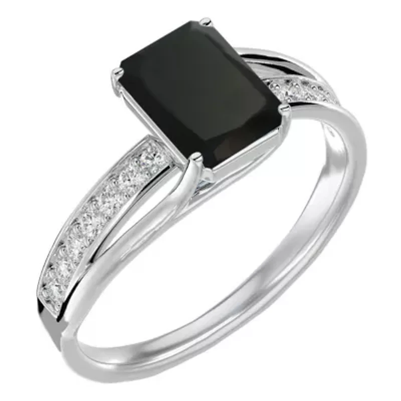 1 3/4 Carat Emerald Shape Black Onyx and Diamond Ring In Sterling Silver