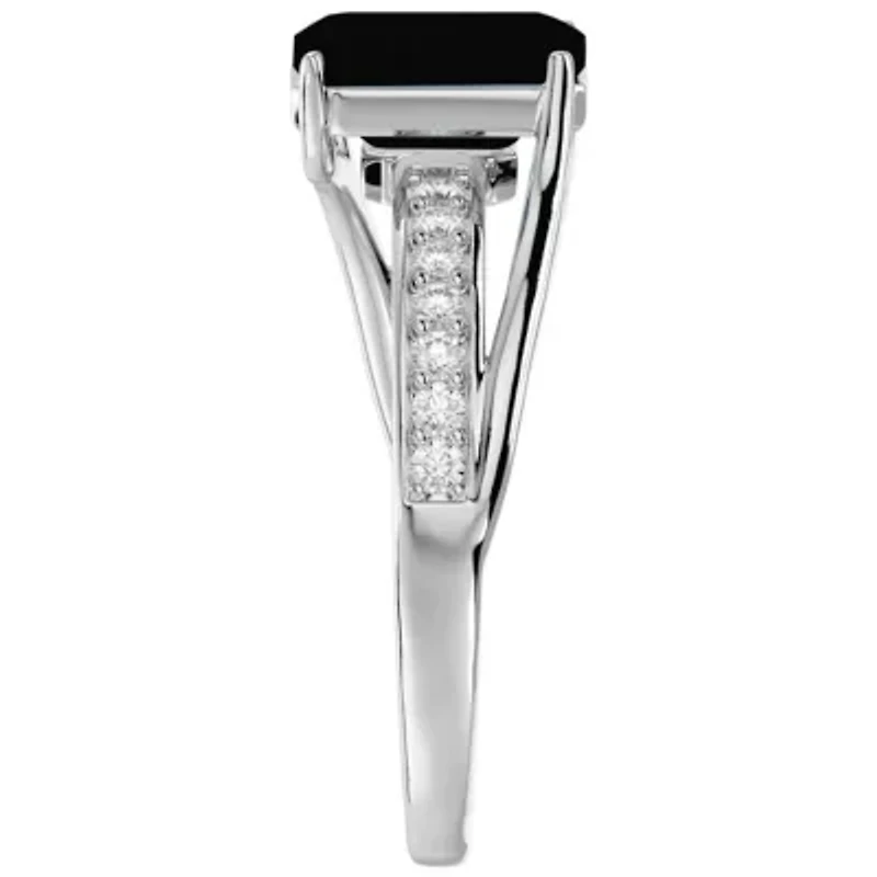 1 3/4 Carat Emerald Shape Black Onyx and Diamond Ring In Sterling Silver
