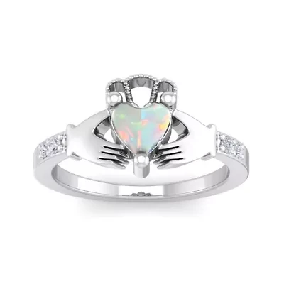 Lab Created 1cttw Heart Shape Created Opal and Diamond Claddagh Ring In Sterling Silver