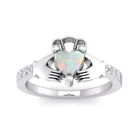 Lab Created 1cttw Heart Shape Created Opal and Diamond Claddagh Ring In Sterling Silver