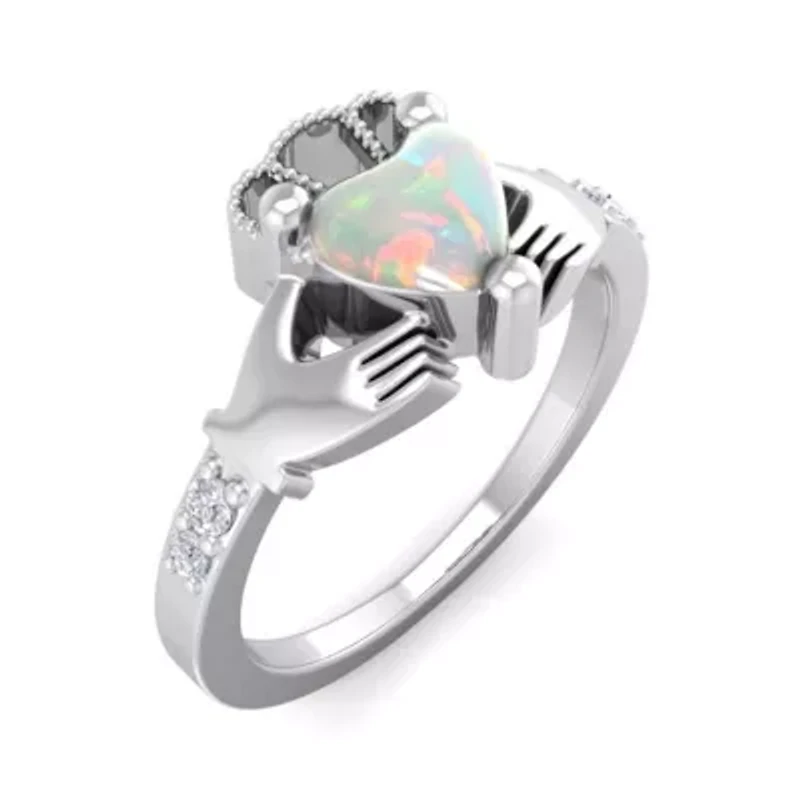 Lab Created 1cttw Heart Shape Created Opal and Diamond Claddagh Ring In Sterling Silver