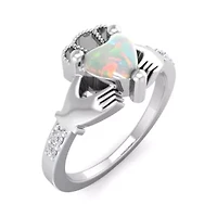 Lab Created 1cttw Heart Shape Created Opal and Diamond Claddagh Ring In Sterling Silver