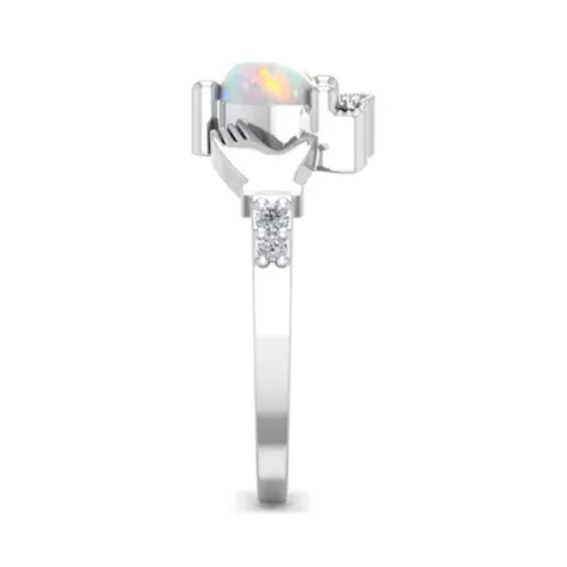 Lab Created 1cttw Heart Shape Created Opal and Diamond Claddagh Ring In Sterling Silver
