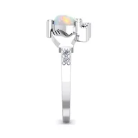 Lab Created 1cttw Heart Shape Created Opal and Diamond Claddagh Ring In Sterling Silver