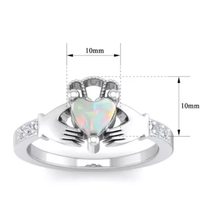 Lab Created 1cttw Heart Shape Created Opal and Diamond Claddagh Ring In Sterling Silver