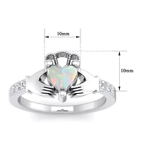 Lab Created 1cttw Heart Shape Created Opal and Diamond Claddagh Ring In Sterling Silver