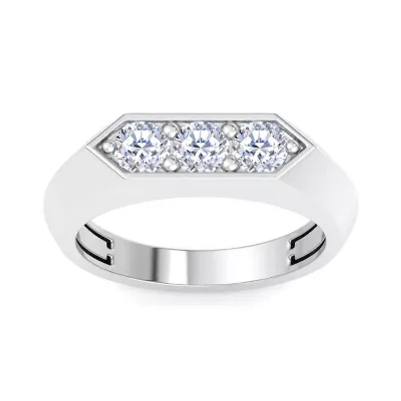 Lab Created Mens Carat Round Shape Grown Diamond Three Stone Ring Sterling Silver