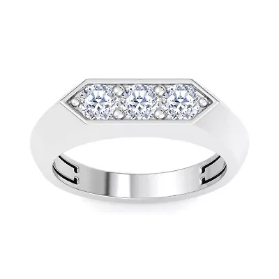 Lab Created Mens 1 Carat Round Shape Grown Diamond Three Stone Ring Sterling Silver