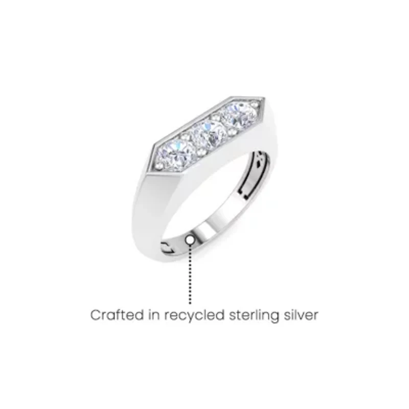 Lab Created Mens Carat Round Shape Grown Diamond Three Stone Ring Sterling Silver