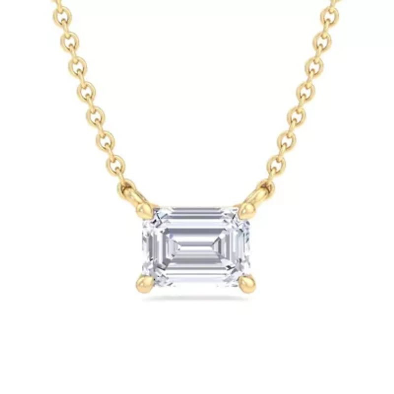 Lab Created / Carat Emerald Cut Grown Diamond Solitaire Necklace Available Sterling Silver and Yellow Gold