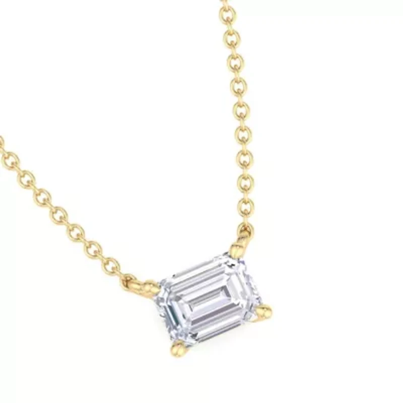 Lab Created / Carat Emerald Cut Grown Diamond Solitaire Necklace Available Sterling Silver and Yellow Gold