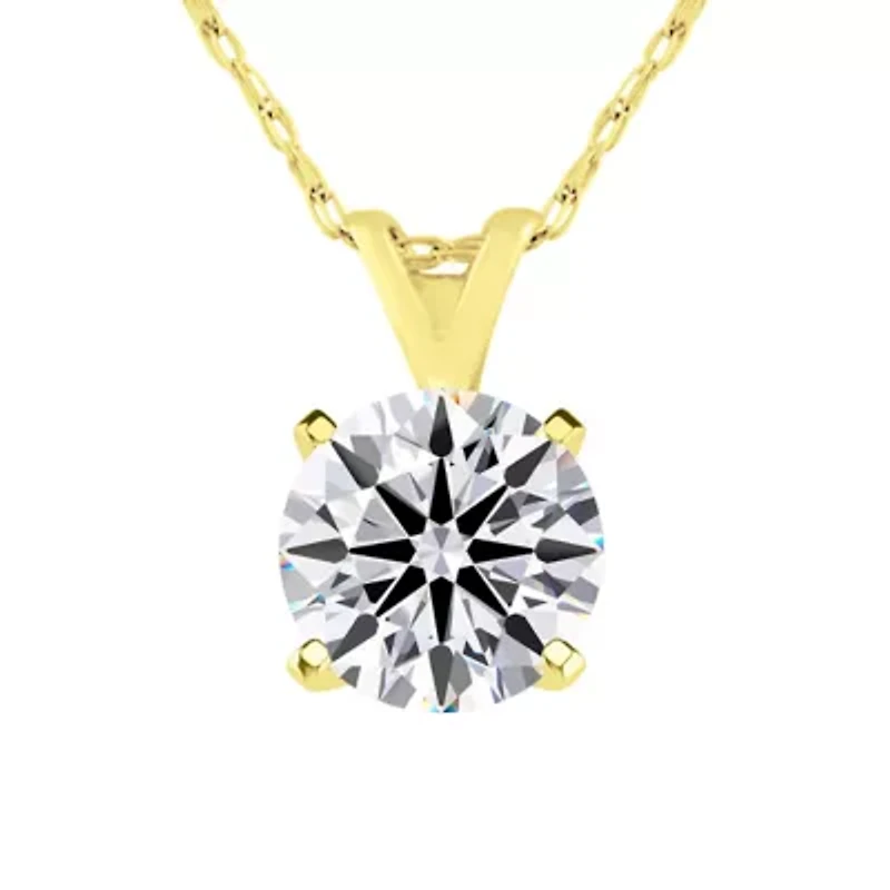 Lab Created Carat Round Shape Grown Diamond Solitaire Necklace Available Sterling Silver and Yellow Gold