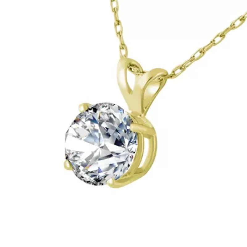 Lab Created Carat Round Shape Grown Diamond Solitaire Necklace Available Sterling Silver and Yellow Gold