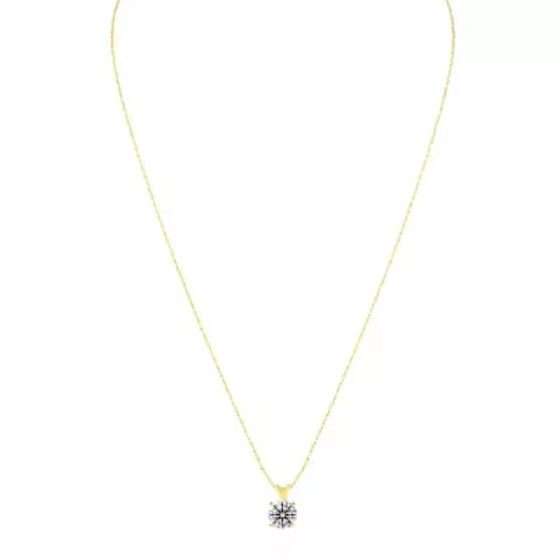 Lab Created Carat Round Shape Grown Diamond Solitaire Necklace Available Sterling Silver and Yellow Gold