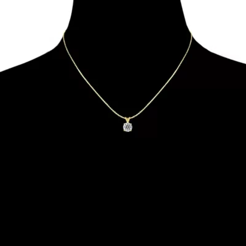 Lab Created Carat Round Shape Grown Diamond Solitaire Necklace Available Sterling Silver and Yellow Gold