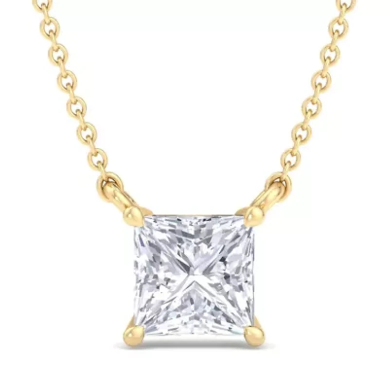 Lab Created Carat Princess Cut Grown Diamond Solitaire Necklace Available Sterling Silver and Yellow Gold