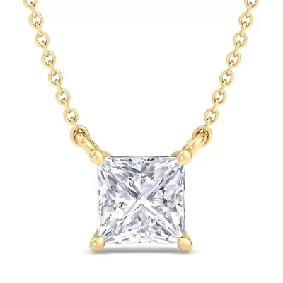Lab Created Carat Princess Cut Grown Diamond Solitaire Necklace Available Sterling Silver and Yellow Gold