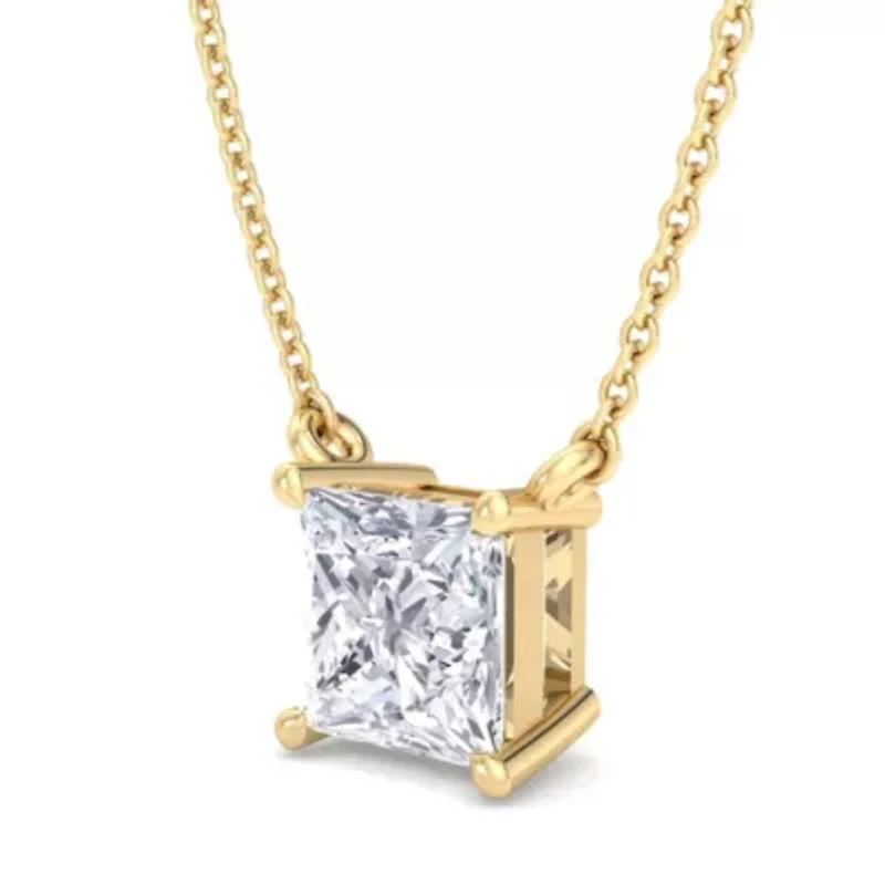 Lab Created Carat Princess Cut Grown Diamond Solitaire Necklace Available Sterling Silver and Yellow Gold