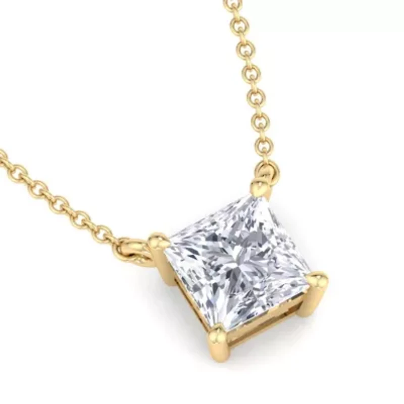 Lab Created Carat Princess Cut Grown Diamond Solitaire Necklace Available Sterling Silver and Yellow Gold