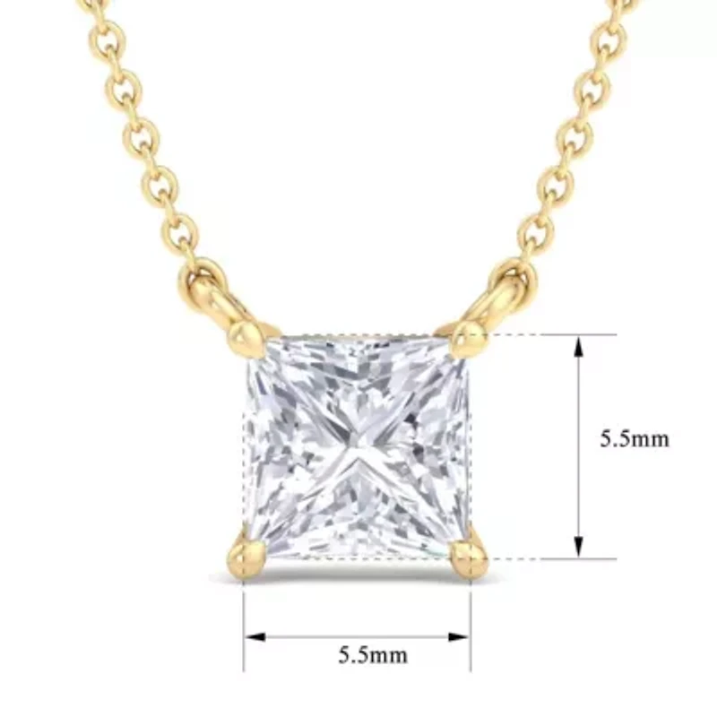 Lab Created Carat Princess Cut Grown Diamond Solitaire Necklace Available Sterling Silver and Yellow Gold