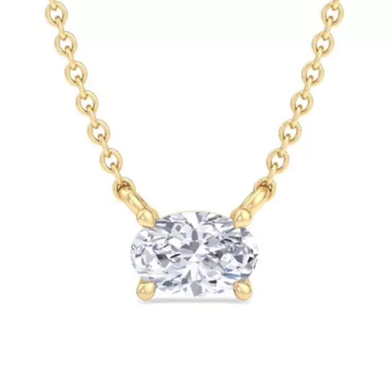 Lab Created Carat Oval Shape Grown Diamond Solitaire Necklace Available Sterling Silver and Yellow Gold