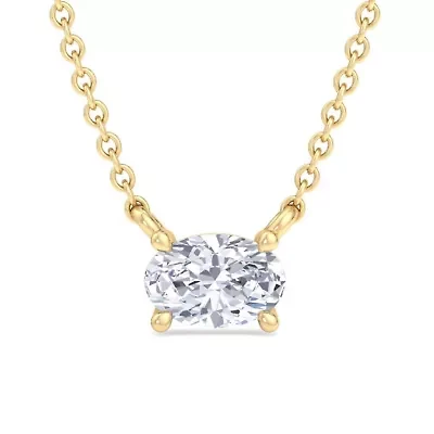 Lab Created Carat Oval Shape Grown Diamond Solitaire Necklace Available Sterling Silver and Yellow Gold