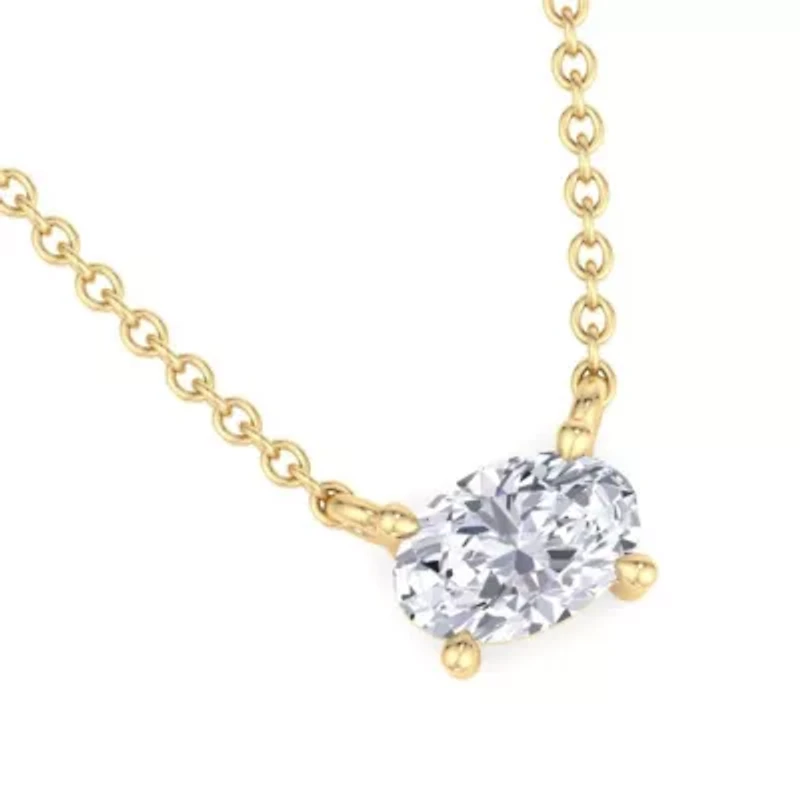 Lab Created Carat Oval Shape Grown Diamond Solitaire Necklace Available Sterling Silver and Yellow Gold
