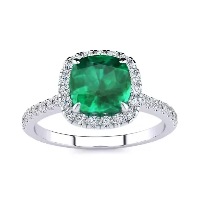2 Carat Cushion Cut Created Emerald and Halo Diamond Ring Sterling Silver