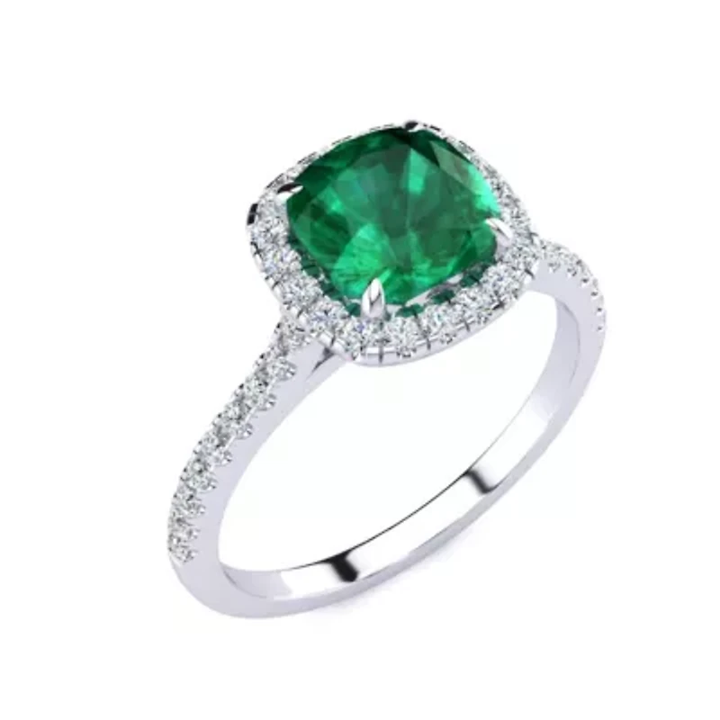 2 Carat Cushion Cut Created Emerald and Halo Diamond Ring Sterling Silver