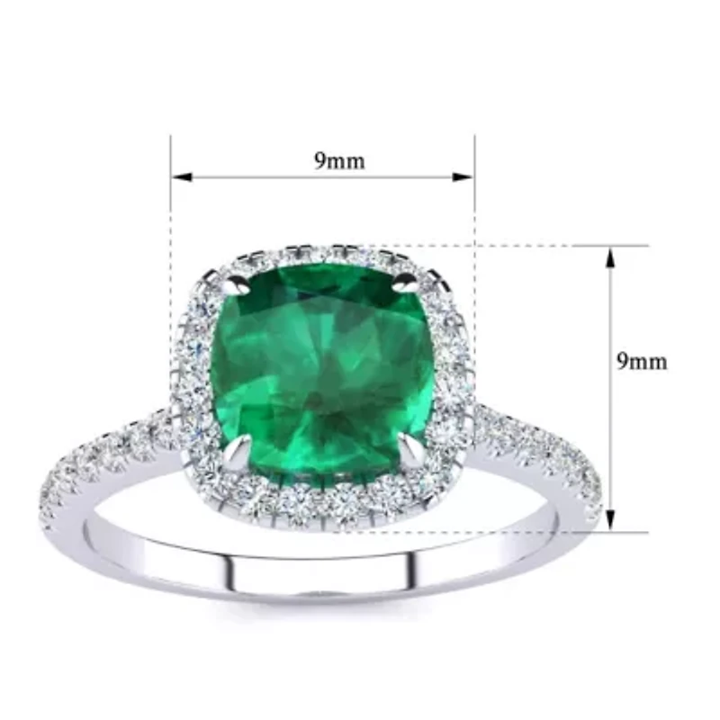 2 Carat Cushion Cut Created Emerald and Halo Diamond Ring Sterling Silver