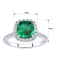 2 Carat Cushion Cut Created Emerald and Halo Diamond Ring Sterling Silver