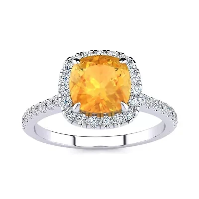 2 Carat Cushion Cut Citrine and Halo Diamond Ring Sterling Silver