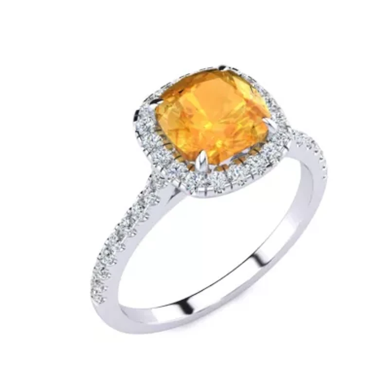 2 Carat Cushion Cut Citrine and Halo Diamond Ring Sterling Silver