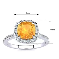 2 Carat Cushion Cut Citrine and Halo Diamond Ring Sterling Silver