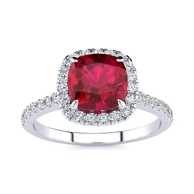 Lab Created 2 Carat Cushion Cut Ruby and Halo Diamond Ring Sterling Silver
