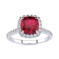 Lab Created 2 Carat Cushion Cut Ruby and Halo Diamond Ring Sterling Silver