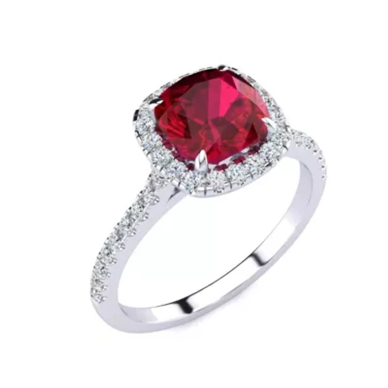 Lab Created 2 Carat Cushion Cut Ruby and Halo Diamond Ring Sterling Silver