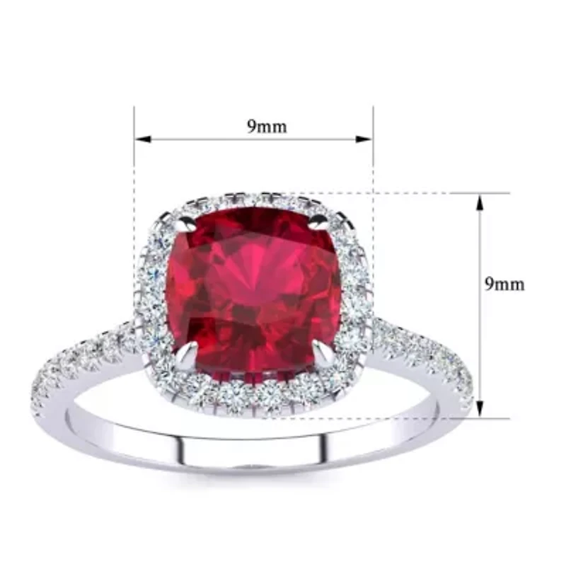 Lab Created 2 Carat Cushion Cut Ruby and Halo Diamond Ring Sterling Silver
