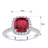 Lab Created 2 Carat Cushion Cut Ruby and Halo Diamond Ring Sterling Silver